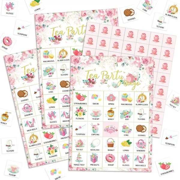 Shappy 35 Pieces Tea Party Bingo Game 24 Players Floral Tea Party Bingo Cards Garden Tea Party Games for Kids Family School Classroom Activities Birthday Bridal Baby Shower Wedding Party Favors