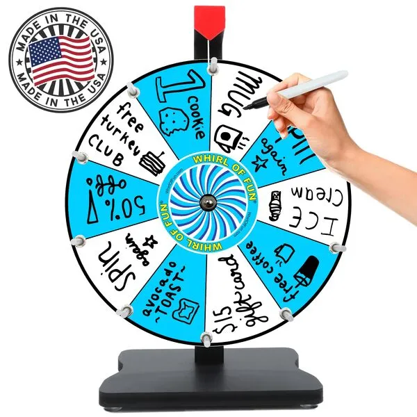 Whirl of Fun 12 Inch Prize Wheel - Spinning Wheel for Prizes with Stand, 10 Slots, Customize Erasable Whiteboard Surface, Blue and White Colors, Portable, Tools Included, Made in USA
