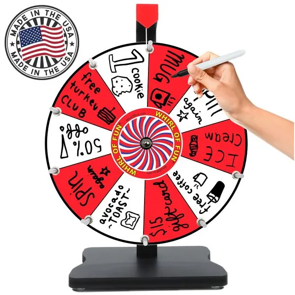 Whirl of Fun 12 Inch Prize Wheel - Spinning Wheel for Prizes with Stand, 10 Slots, Customize Erasable Whiteboard Surface, Red and White Colors, Portable, Tools Included, Made in USA