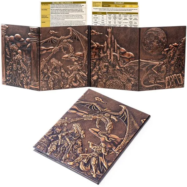DM Screen for DND with 4 Wider Panels - Crystal Clear Game Master GM Pockets & Stunning Panoramic Battle Scene - 3D Embossed Faux Leather Dungeon Master Screen for D&D and RPG