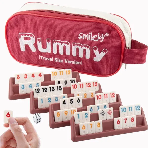 Smilejoy Rummy Cube Game,Travel Size Rummy Game with Canvas Bag,Mini Rummy Game for Adult and Kids,106 Tiles, 4 Playing Rack, 1 Dice (2-4 Players)