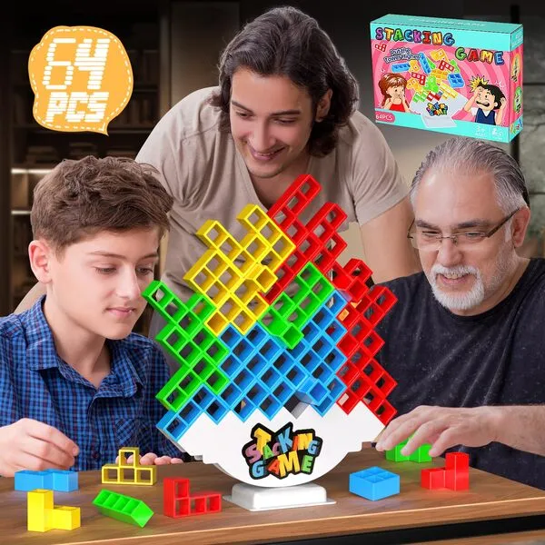 BBnote 64PCS Stack Attack Game for Adult & Kids, Tetra Board Tower Games for Family Travel Party, 2 Players Balance Stacking Toy, Team Toys Building Block