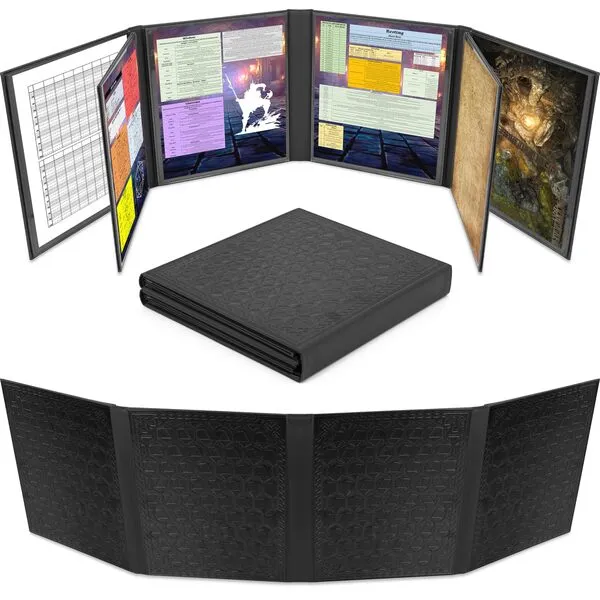 CASEMATIX DM Screen Faux Leather 8-Panel Deluxe GM Screen - Eight Panel Folding Dungeon Master Screen with 2 Swinging Panels and Wet Erase Pockets for TTRPGs - Black, Inserts Not Included