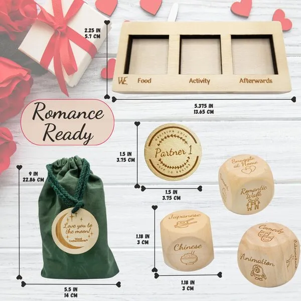 Deluxe Date Night Dice Game - Fun Romantic Couples Gift - 5 Dice, Decision Coin, Board & Carry Bag for Bachelorette, Anniversary, Wedding, Bridal Shower - Food Dice for Girlfriend Wife Husband Him Her