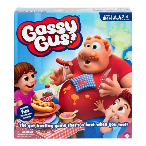 Gassy Gus, The interactive gut-busting game that's a hoot when you toot! Feed Gus gassy foods, but watch out for the big blast of gas! Packed with hilarious sounds, it's Ideal for 2-4 players ages 4+