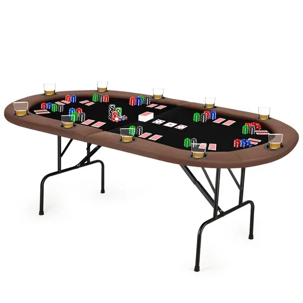 Portable Poker Table Foldable 10 Player Texas Holdem Poker Table with Casino Table Grade Felt Top Cushioned Armrest and 10 Cup Holders for Card Game Gambling Large 84 Inch Oval Folding Poker Table