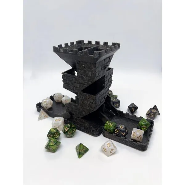 Tower Castle Retro DND Dice Rolling Tower and Tray for Dungeons and Dragons RPG Tabletop Games Metallic Black Color