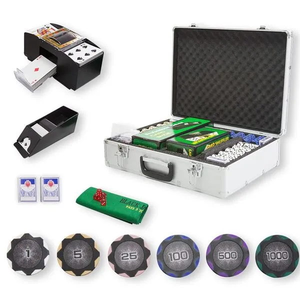 THUNDERBAY 14 Gram 600 PCS Texas Hold \'em Casino Poker Chip Set w/Aluminum Carrying Case, 6 Decks of Cards, 5 Dices & 3 Dealer Buttons, Poker Felt, Card Shuffler, Card Shoe for Blackjack Playing