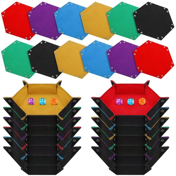 GlikCeil 12 Pcs Dice Trays Hexagon Dice Rolling Holder Folding Felt Dice Tray Portable Dice Storage Box Compatible with Table Games, Red, Blue, Violet, Black, Green, Yellow