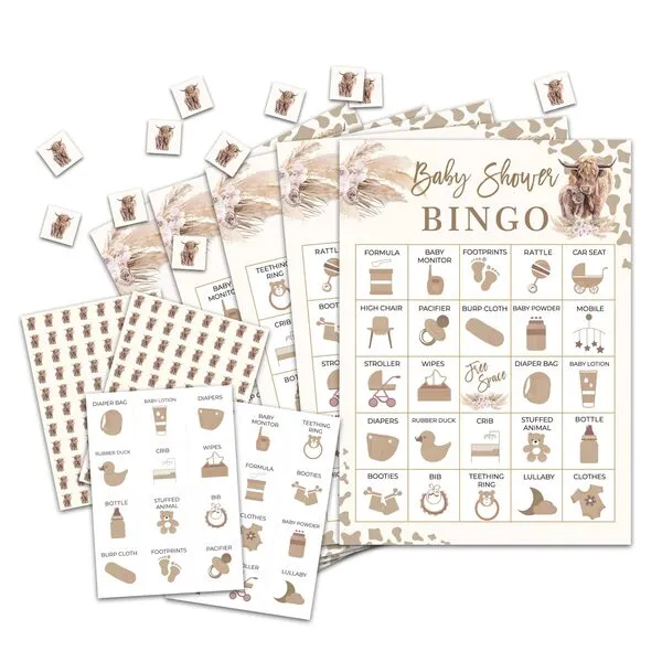 OZTEMETY Baby Shower Bingo Card Game, Cow Baby Shower Bingo Game for Gril Adults, Cow Baby Shower Party Supplies, Favors, Gender Reveal Party Decorations, 24 Players Bingo Game, C11