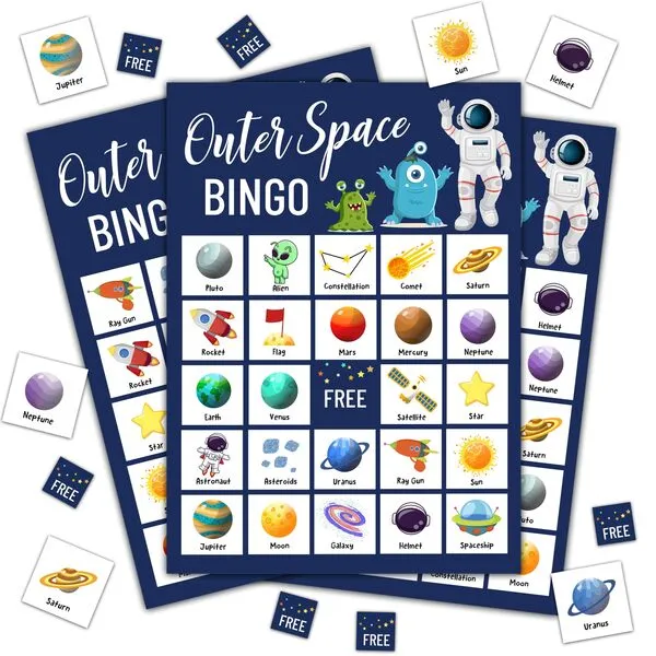 Disfuco Space Bingo Game, Outer Space Party Games Bingo Cards for Adults, Space Birthday Bingo, Space Party Favors Supplies Decorations, 24 Players Bingo Game (B12)