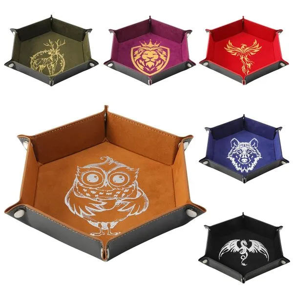 Grajar 6 Pcs DND Dice Tray with Animals Pattern for RPG D&D Table Games - Folding PU Leather and Velvet Rolling Holder Storage Box