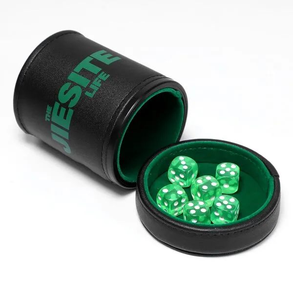 JIESITE Dice Cup Leather with Lid, Felt Lined Dice Shaker Cup, Includes 6 Dice, Quiet Shake for Liars Dice/Farkle/Yahtzee/Tabletop Games (Green)