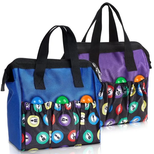 Sweetude 2 Pcs Bingo Dauber Bag Bingo Tote Bag Handle and Zipper Bingo Bag with 6 External Pockets and 3 Internal Pockets for Go Out (Blue, Purple)