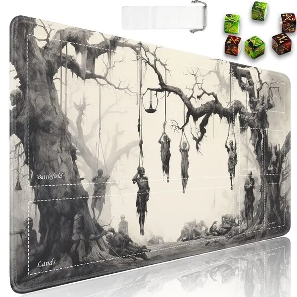 TCG Playmat, Magic The Gathering Ultra Pro Playmat with Zones, 24x14 in Non-Slip Rubber MTG Playmat with Drawstring Travel Pouch and 6 Dice, Tree of Death, Skeleton MTG Mat, Card Game Playmats