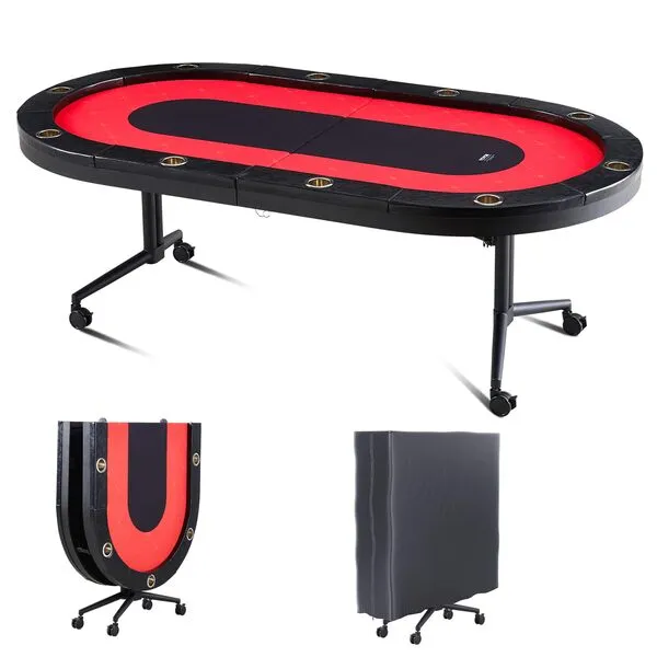 VEVOR Foldable Poker Table for 10 Player, Blackjack Texas Holdem Table with Padded Rails and Stainless Steel Cup Holders, Portable Folding Card Board Game Table, 90