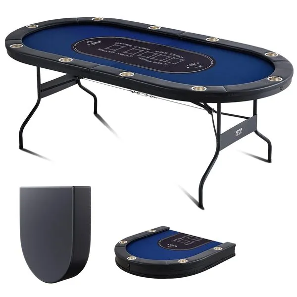 VEVOR Foldable Poker Table for 10 Player, Blackjack Texas Holdem Table with Padded Rails and Stainless Steel Cup Holders, Portable Folding Card Board Game Table, 84