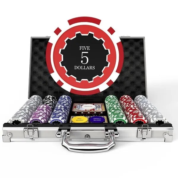 Poker Chips with Denominations, 300-pcs 11.5g Weighted Numbered Casino Chips Set, 5 Dice, 2 Decks with Compact Aluminum Case for Texas Hold'em, Blackjack, Age 8 and Plus