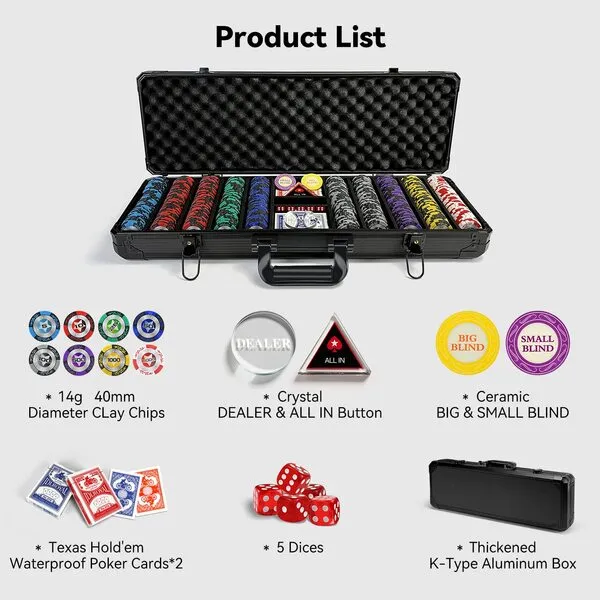 YUZPKRSI Clay Poker Chips, 500PCS 14 Gram Poker Chip Set with K-Type Shock Resistant Poker Case, Numbered Chips, Poker Set for Texas Holdem Blackjack