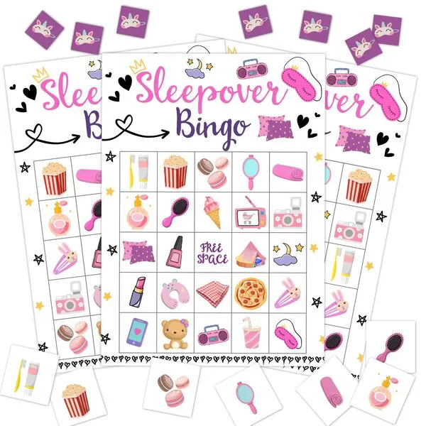 Sleepover Party Bingo Game, 24 Player Pajama Bingo Cards Set for Family Friend Activity, Sleepover Party Favor Decoration Holiday Supplies -a11