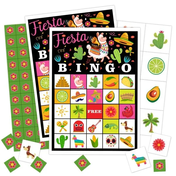 Qssfdgg Fiesta Party Bingo Cards, 24 Player Mexican Llama Party Bingo Game for Family Adult, Cinco De Mayo Party Favor, Large Group Party Celebration Activity -01