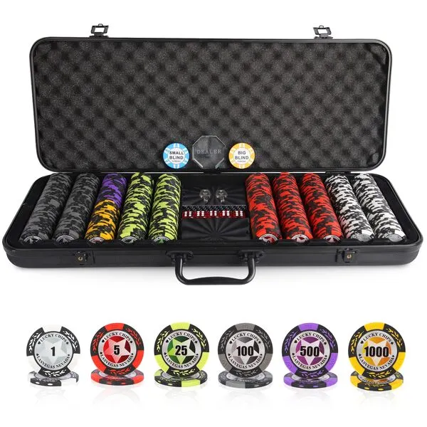 ORIENGEAR Poker Chip Set with Denominations, 500 PCS 14 Gram Clay Composite Casino Chips with ABS Case & 2 Decks of Plastic Cards, for Texas Holdem Blackjack Gambling Games