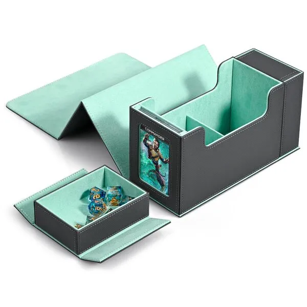 ZLCA MTG Commander Deck Box with Display Window,Card Deck Box with Dice Tray & 35pt Card Brick,Fits 200 Double-Sleeved Cards-Grey&Green