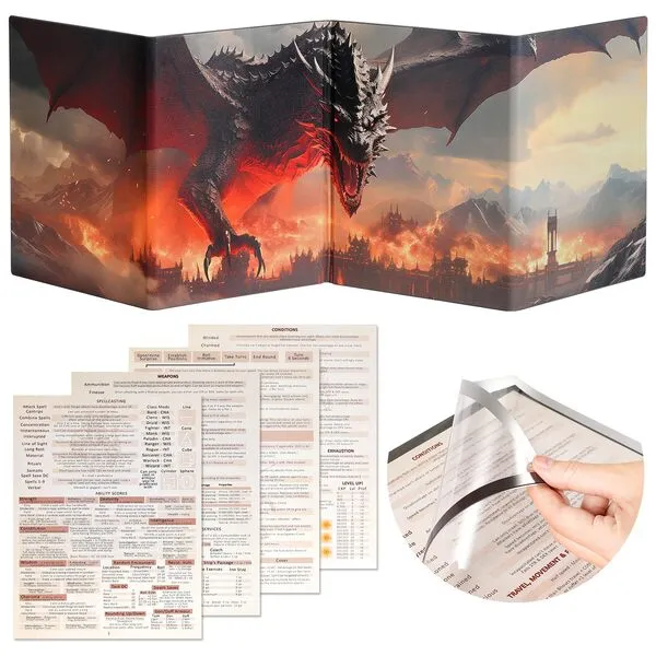 Grajar DND Customizable DM Screen 5e with 4 Panels for US Letter Paper, Large Opening Magnetic Pockets with Wet-Erase Function, Included D&D Dungeon Master Screen Inserts
