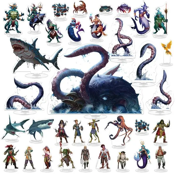 Skinny Minis 7 Seas Set Acrylic Flat Miniatures for Dungeons and Dragons and TTRPGs, Bulk 35 Painted Fantasy Figures, Pirates, XL Kraken, Sea Monsters, Seafolk Heroes and Monsters, Large and Medium
