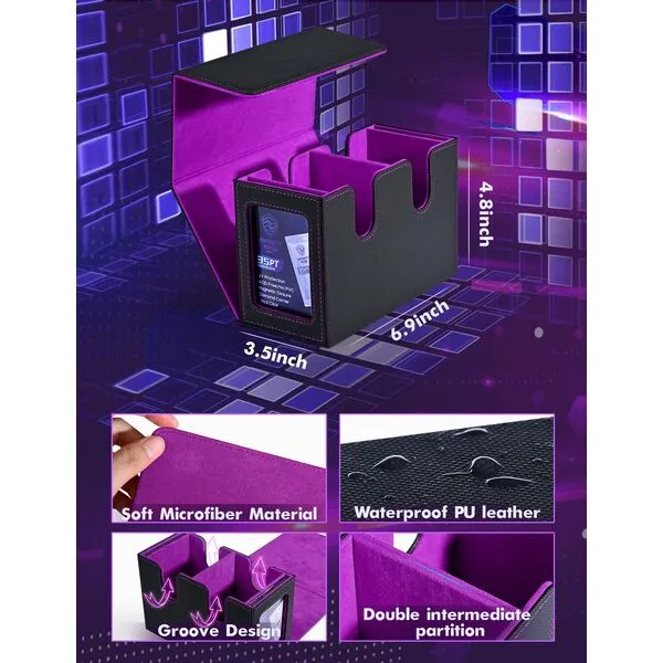 Infinity Guard MTG Deck Box with 2 Commander Display, Double Deck Box for 280+ Single Sleeved Cards, Leather Magnetic Card Storage Box Fits for TCG CCG Magic Cards (Black&Purple)