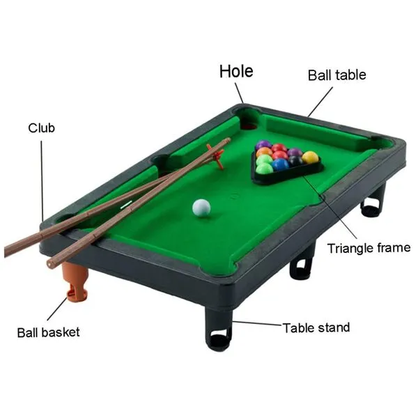 1Set Mini Tabletop Pool Set Small Billiards Game Includes Game Balls, Sticks and Triangle Rack Travel Friendly Office Desk Games for The Whole Family.