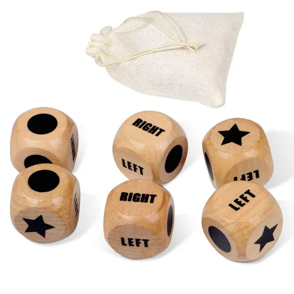 FCSWEET 6Pcs Left Right Center Dice - Wooden 1.2 inch Left Right Center Dice with Carry Bag,Convenient for Family Indoor Outdoor Travel