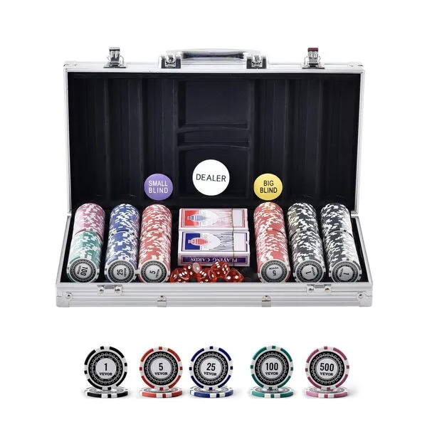 VEVOR Poker Chip Set, 300-Piece Poker Set, Complete Poker Playing Game Set with Aluminum Carrying Case, 11.5 Gram Casino Chips, Cards, Buttons and Dices, for Texas Hold'em, Blackjack, Gambling
