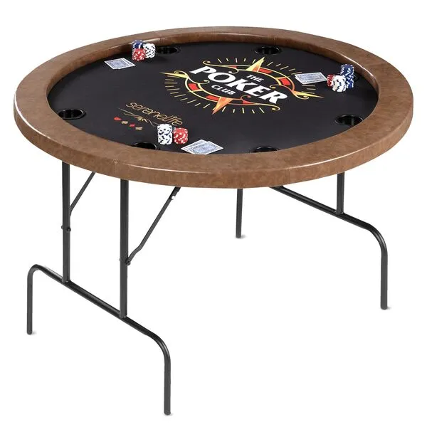 SereneLife 8-Player Round Foldable Poker Table - Premium Casino-Grade Design, Brown Felt Surface, Water-Resistant Rail, 8 Cup Holders, Blackjack Board - Ideal for Texas Hold\'em & Family Fun (Black)