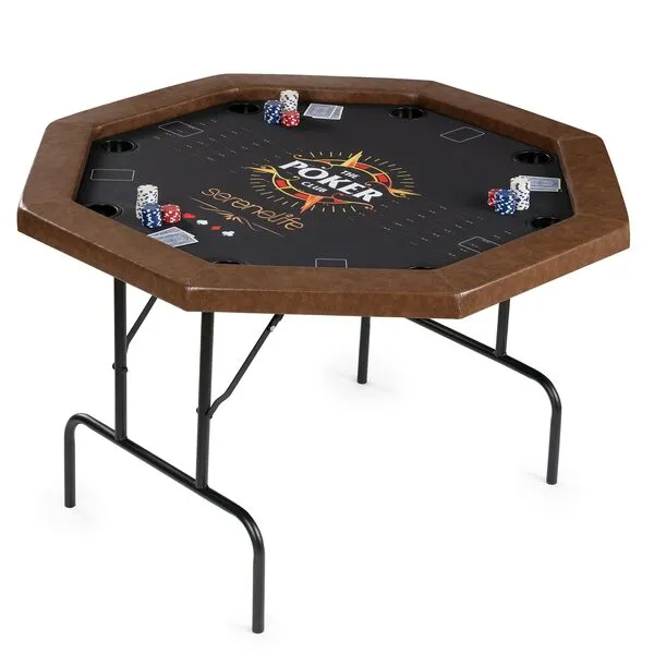 SereneLife 8-Player Octagonal Foldable Poker Table Premium Casino-Grade Design, Brown Felt Surface, Water-Resistant Rail, 8 Cup Holders, Blackjack Board Ideal for Texas Hold'em & Family Fun (Black)