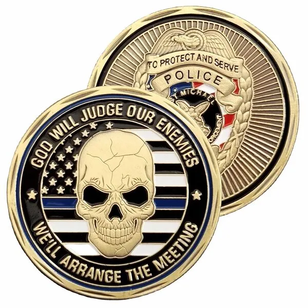DFFDFF ST. Michael Police Officer Prayer Challenge Coin Thin Blue Line Law Enforcement Skull Coin for Gift