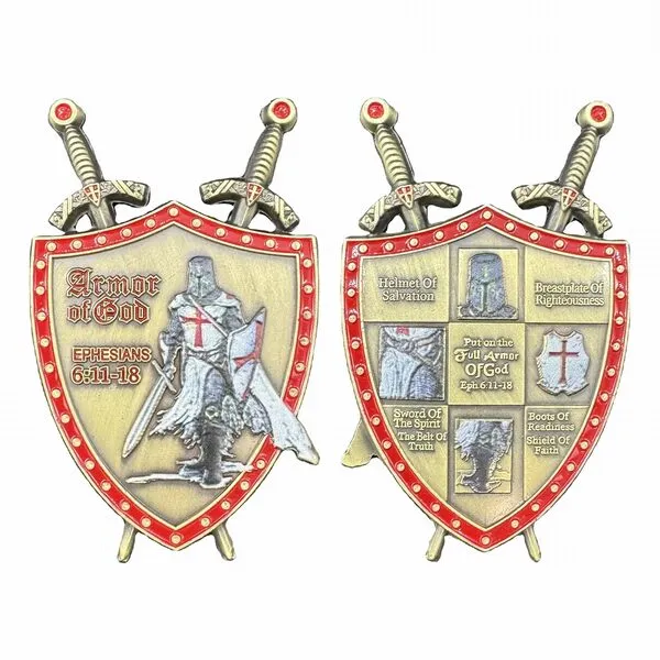 DFFDFF Put on Armor of God Shield Challenge Coin Christian Ephesians 6:11-18 Knights Templar Faith Shield Coin for Gift