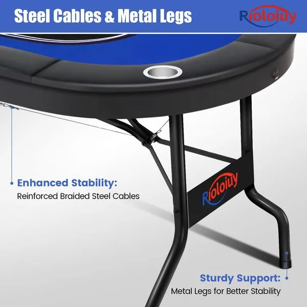 Rioloiuy 8 Player Poker Table Foldable,Texas Holdem Poker Table,Portable Casino Table for Game Room Folding Poker Table/Game Table with Padded Rails and Cup Holders Poker Table top (71 in), Navy Blue