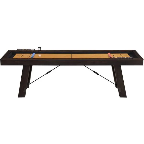 Hanover Home 9-Ft Glossy Finish for Home and Office, Family Fun Shuffleboard Game Table with Pucks & Bead-Style Scorers, Durable Hardwood with Steel Bumpers, Wax Included, Brown