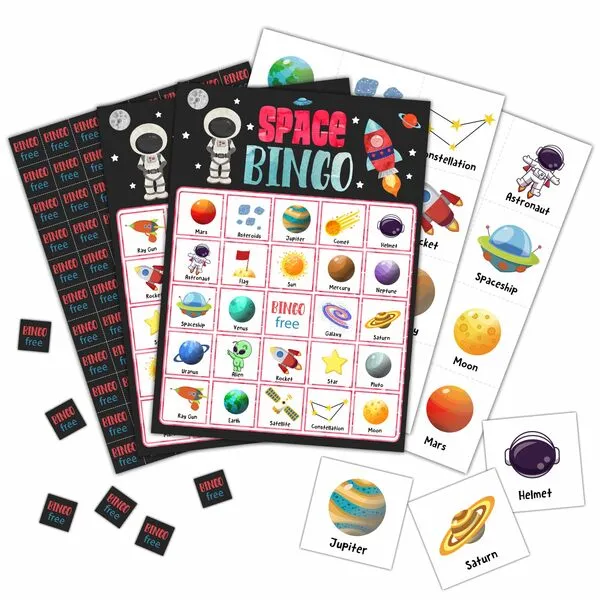 Foosproea Outer Space Bingo Cards, Solar System Bingo Games for 24 Players, Blast Off to Outer Space Games for Family Friends Large Group Activities, Space Birthday Party Supplies(32)