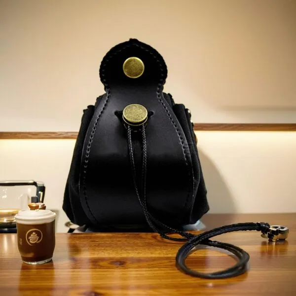 Leather Drawstring Dice Storage Bag, Catchall Box, DND Game Tray, Coins, Keys, Earbuds Wallet - Versatile, Portable, Foldable (Black)