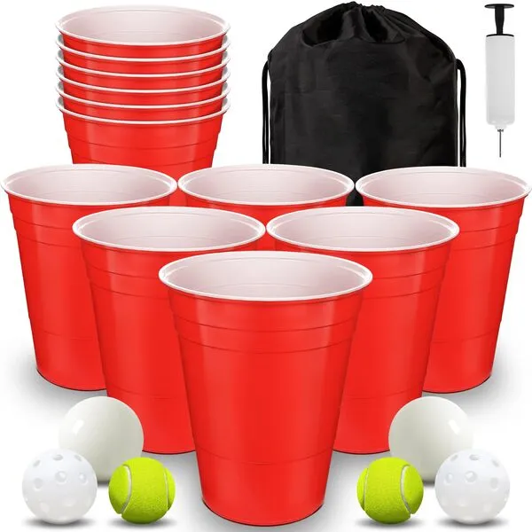 Giant Yard Pong Game Set Durable Giant Cups with Inflatable Pong Balls Pump and Carrying Bag Giant Pong Set for Indoor and Outdoor Lawn, Beach, Camping or Backyard
