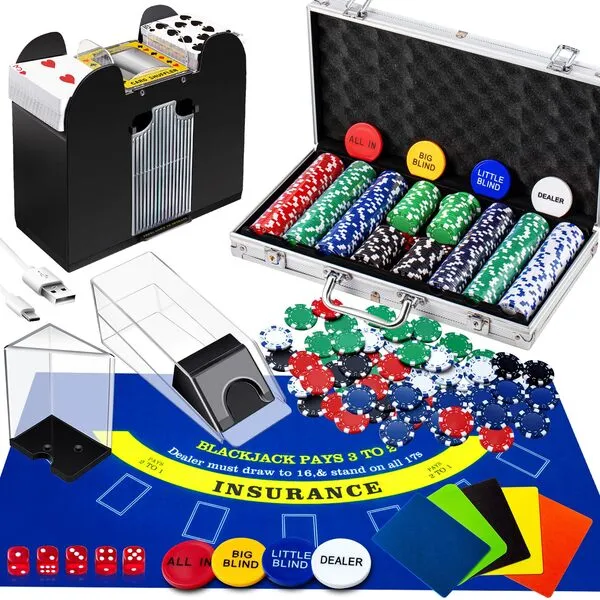 Aoriher Blackjack Casino Set, Include 300 Poker Chips, Double Sided Casino Felt, 1 Shuffler, 6 Deck Dealer Shoe, Discard Holder Tray and Aluminum Case (Cards are Not Included)(Blue)