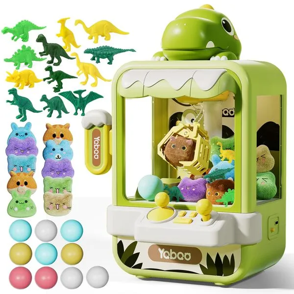 Eohemeral Dinosaur Claw Machine for Kids,Electronic Arcade Game Machine with Music,Mini Vending Machine Boys Birthday Toys Gifts Age 3+ Years,Includes 10 Plush Toys & 12 Dinosaur Accessories(Small)
