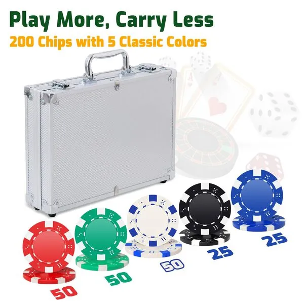 Yinlo Poker Set, 200 Pcs Poker Chips Set with 5 Colored Chips for 5 Values, Chips Set with Portable Traveling Case,11.5 Gram Casino Grade Chips for Texas Holdem Blackjack Gambling, Poker Night Set