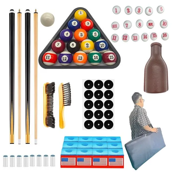 Pools Table Accessories - 76Pcs Billiards Accessories and Equipment, Pool Balls Triangle Ball Stand Cue Chalks Pool Cue Tip Table Spot Sticker Pool Sticks Pool Table Brush Brass Bridge Head