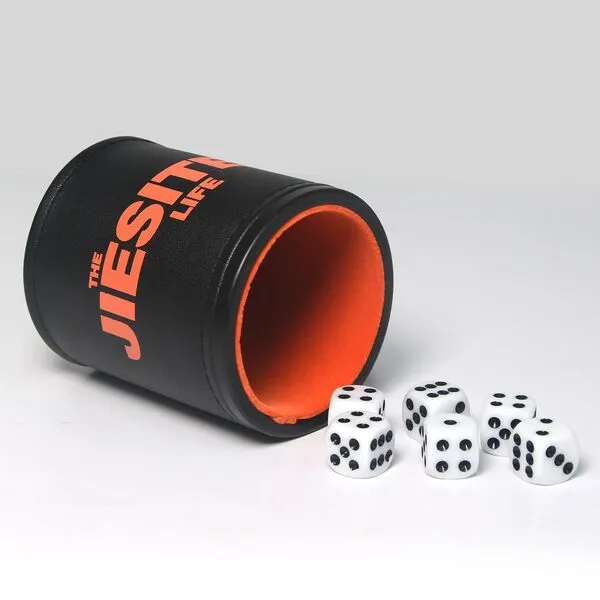 JIESITE Leather Dice Cup Felt Lined Quiet Dice Cup Set with 6 Acrylic Dices Multi Color for Yahtzee Game Farkle Liars Dice (Orange)