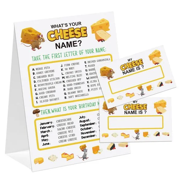 Cheese Theme What\'s You Cheese Name Game, Baby Shower Game Stickers, Birthday Game, Party Decoration, Activity Game for Office or Class, Package Contains 1 Sign and 30 Name Stickers(wyn14)