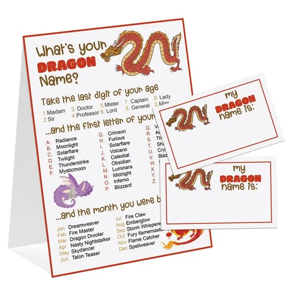Dragon Theme What\'s You Dragon Name Game, Baby Shower Game Stickers, Birthday Game, Party Decoration, Activity Game for Office or Class, Package Contains 1 Sign and 30 Name Stickers(wyn18)