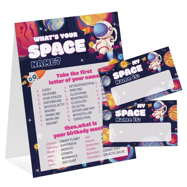 Space Theme What's You Space Name Game, Baby Shower Game Stickers, Birthday Game, Party Decoration, Activity Game for Office or Class, Package Contains 1 Sign and 30 Name Stickers(wyn04)